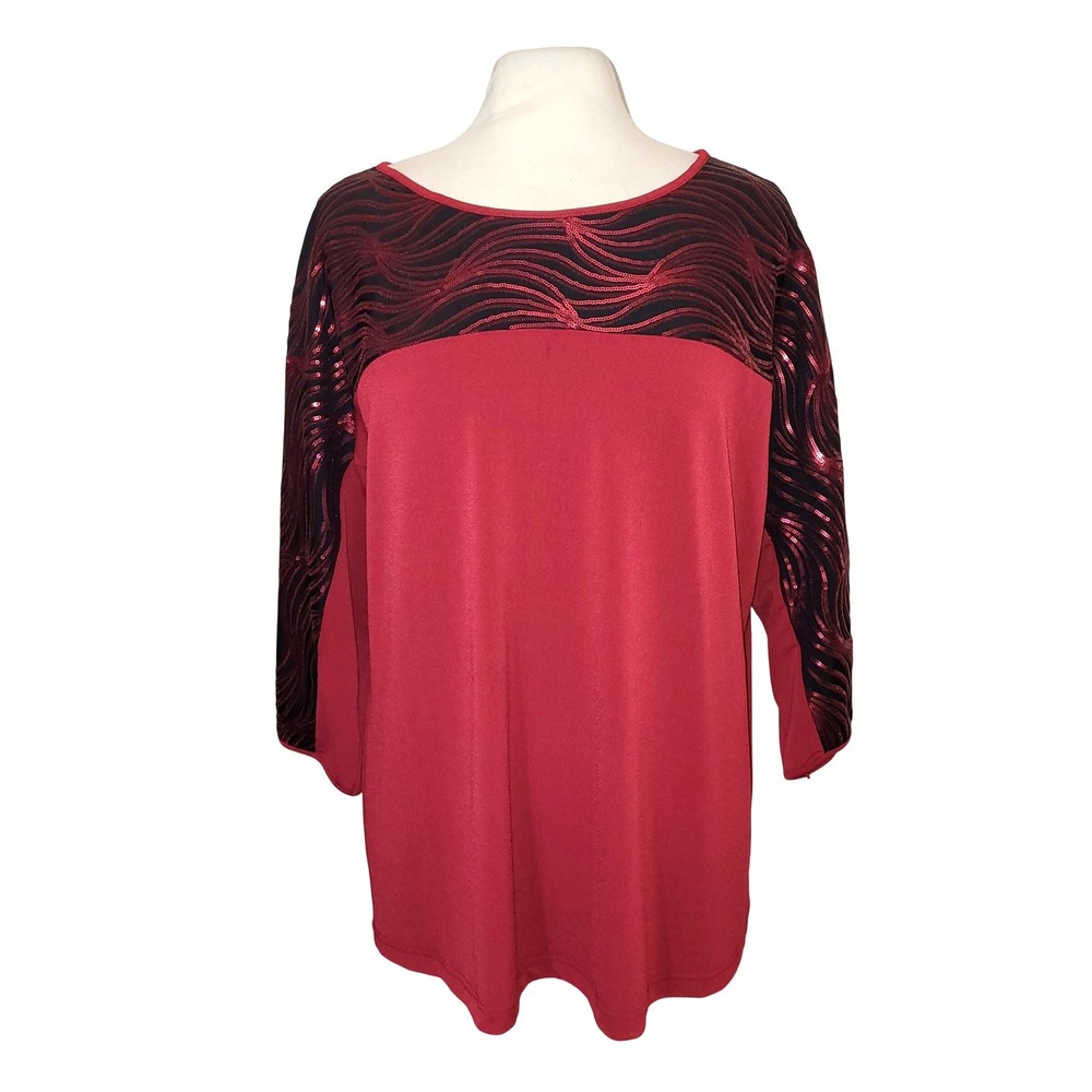 Bob Mackie Crimson Red Black Mesh Sequin Glam Holiday Cocktail Dressy Tunic L